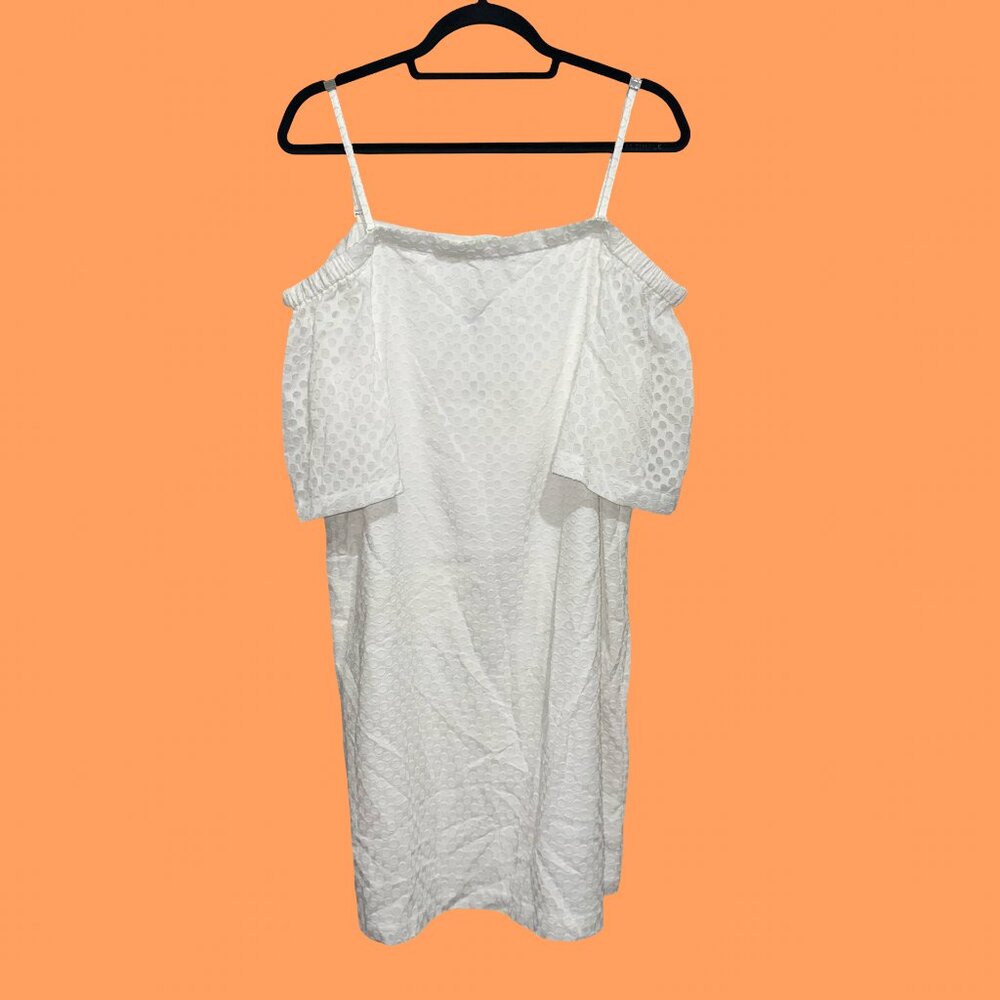 Calvin Klein White Off-The-Shoulder Mini Swiss Dot Textured Dress SZ 14 NWT